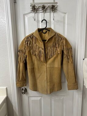 Fringed Leather Western Jacket in Camel